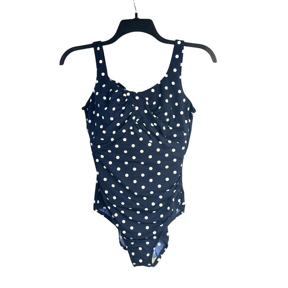 Lands’ End Swimsuit Sz 12 Carmela Blue White Polka Dot New - Picture 1 of 9